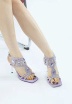 Diamante stiletto sandals for women in lavender with rhinestone embellishments