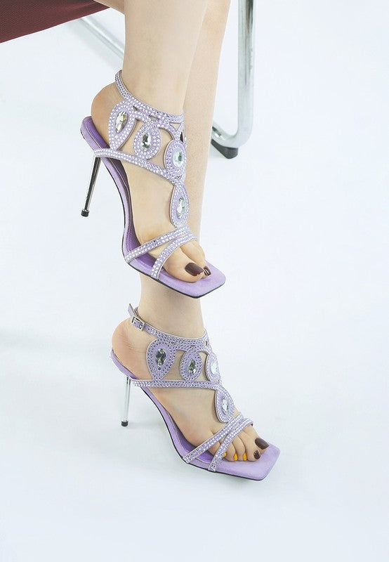 Diamante stiletto sandals for women in lavender with stylish embellishments