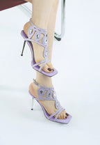 Diamante stiletto sandals for women in lavender with stylish embellishments