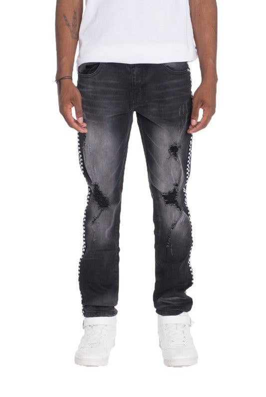 Men's Jeans Distressed Denim Checkered Tape