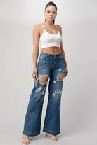 LITZ LA Women's Distressed Denim Pants with Wide-Leg Fit and Ripped Details