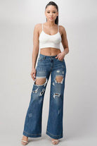 LITZ LA Women's Distressed Denim Pants with Wide Leg and Ripped Details for a Trendy Look