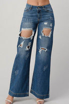 LITZ LA Women's Distressed Denim Pants in Blue with Ripped Design and Wide Leg Fit