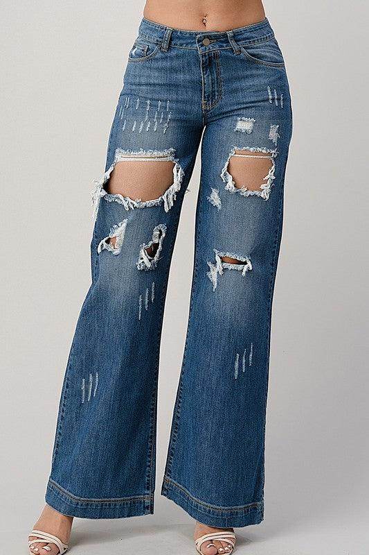 LITZ LA Women's Distressed Denim Pants in Blue with Ripped Design and Wide Leg Fit