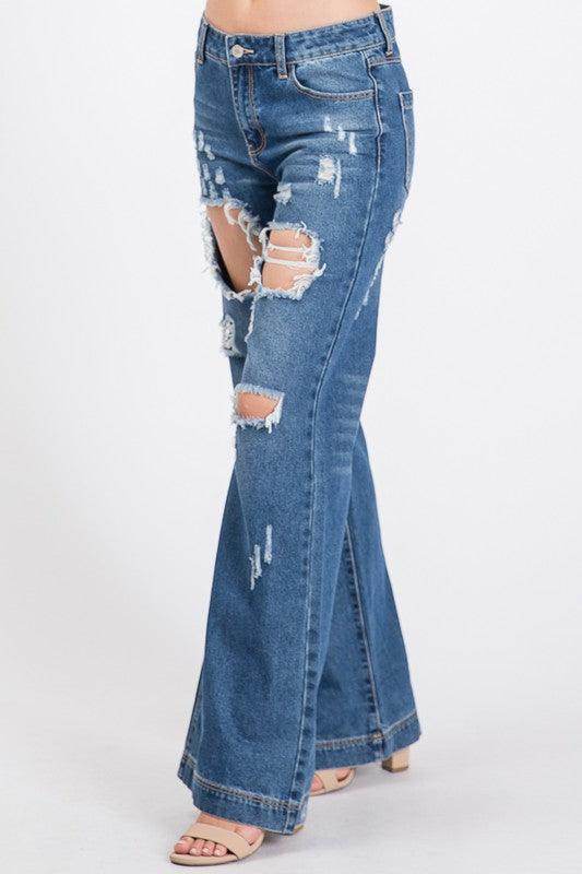 LITZ LA Women's distressed denim pants featuring wide legs and stylish ripped detailing
