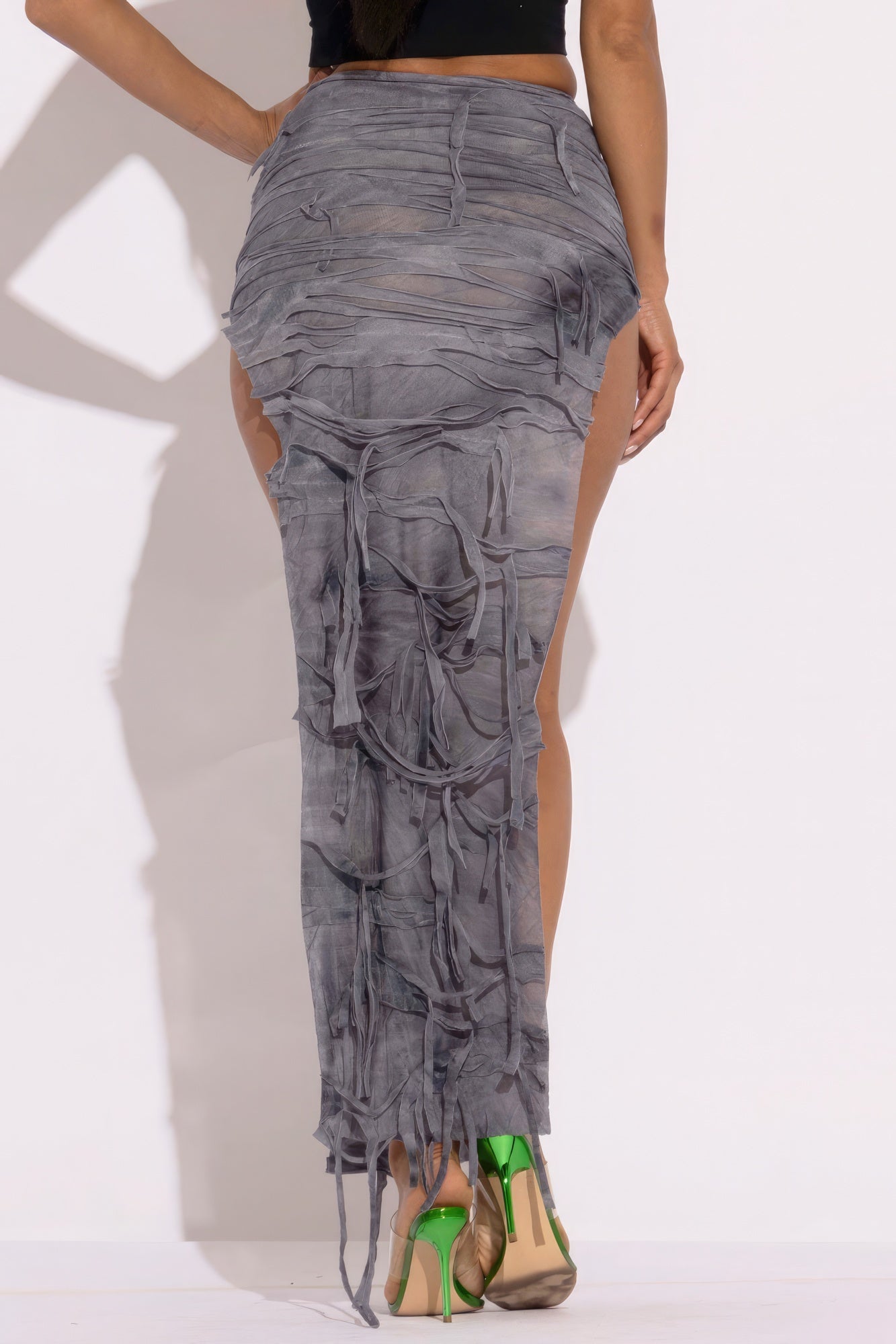 VacationGrabs distressed maxi skirt in gray with a ruched design and open side details for women