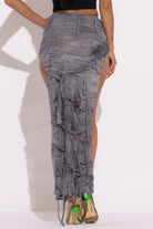 VacationGrabs distressed maxi skirt in gray with a ruched design and open side details for women