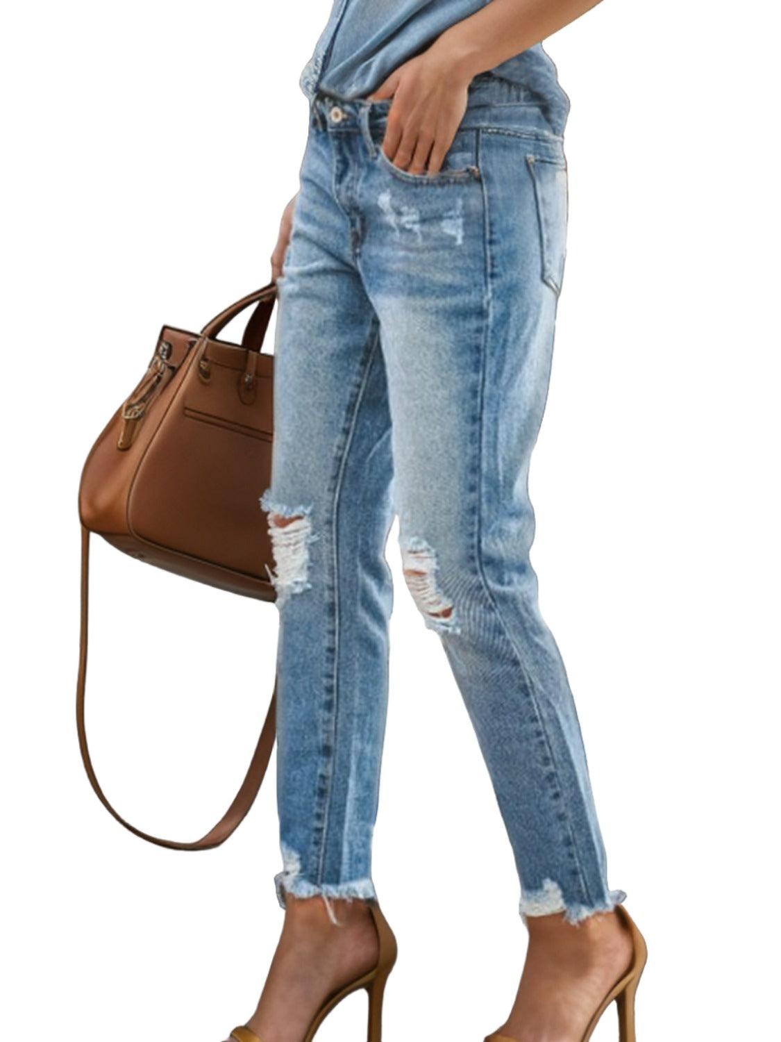Women's Jeans Distressed Raw Hem Jeans with Pockets