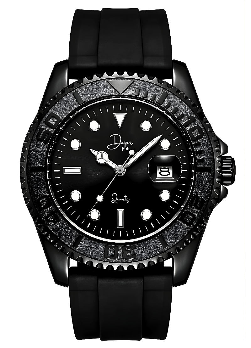 Dapper black quartz in a watch with sturdy rubber strap