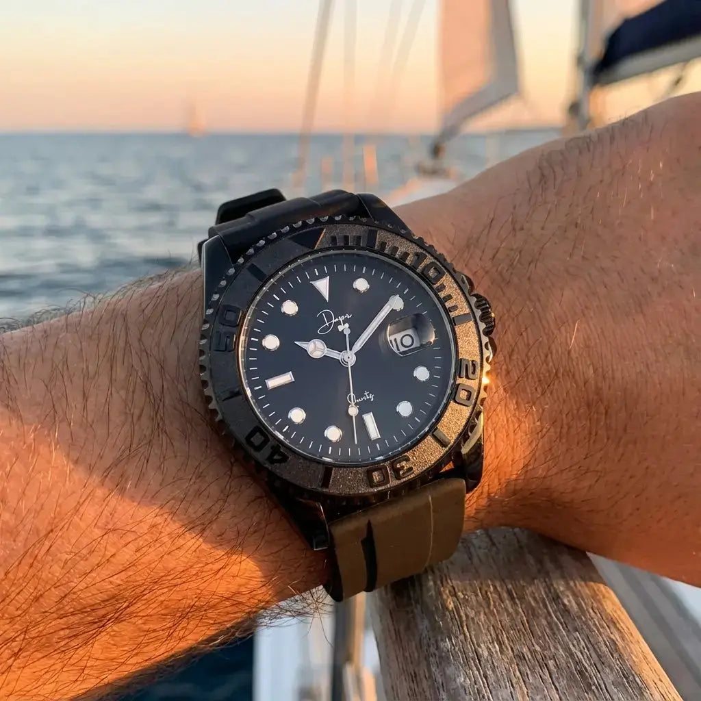 Dapper black quartz in a watch for stylish men at sea