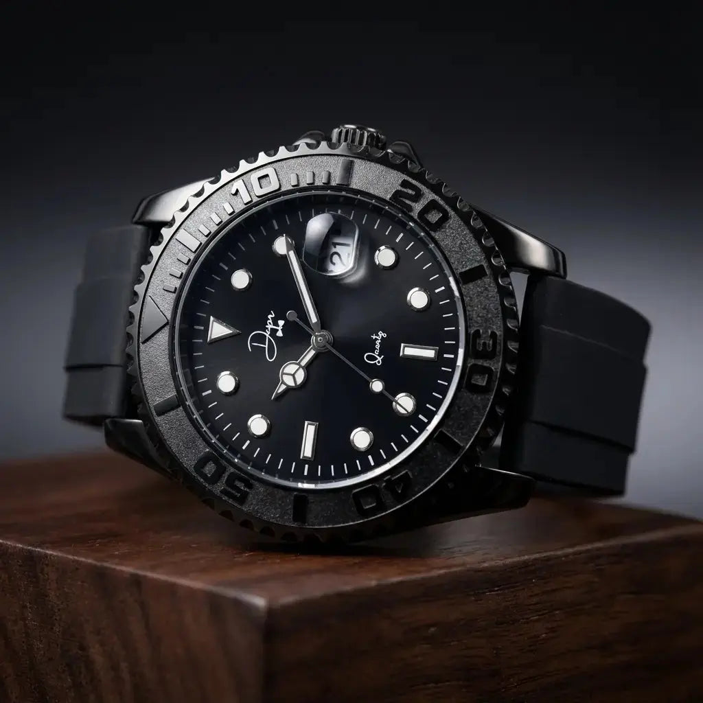 Dapper black quartz in a watch with silicone strap, ideal for everyday wear
