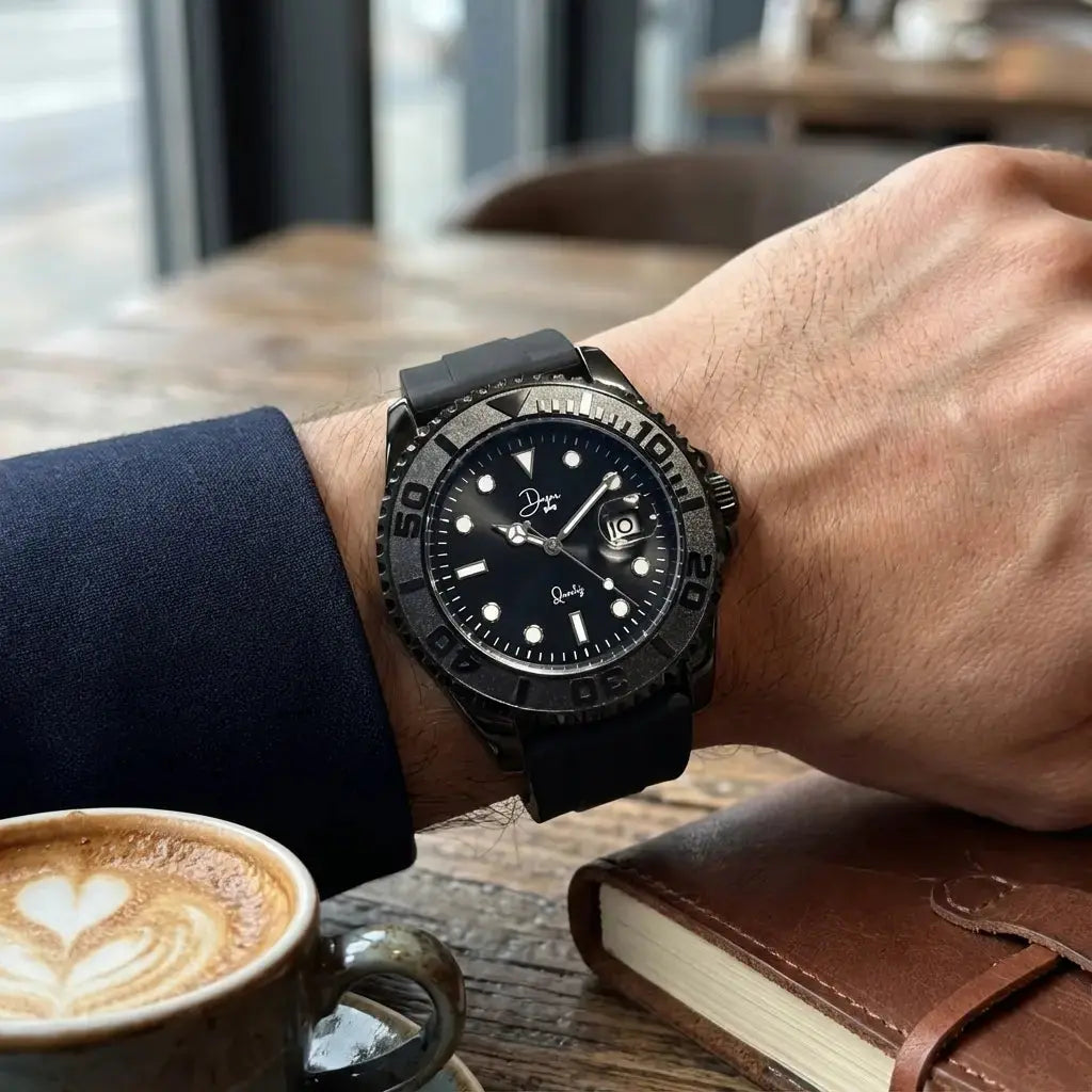 Men's black quartz in a watch, stylish accessory for everyday wear
