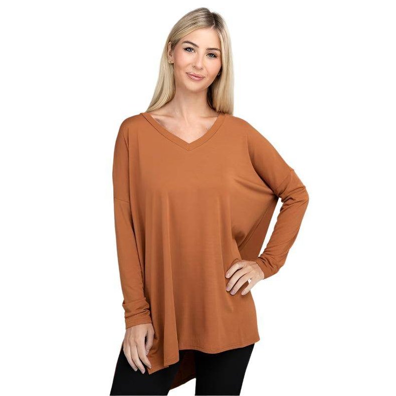 Dolman Long Sleeve V-Neck Side Slit Hi-Low Hem Top - VacationGrabs