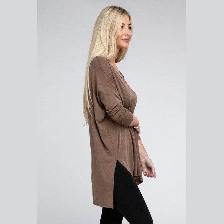Dolman Long Sleeve V-Neck Side Slit Hi-Low Hem Top - VacationGrabs