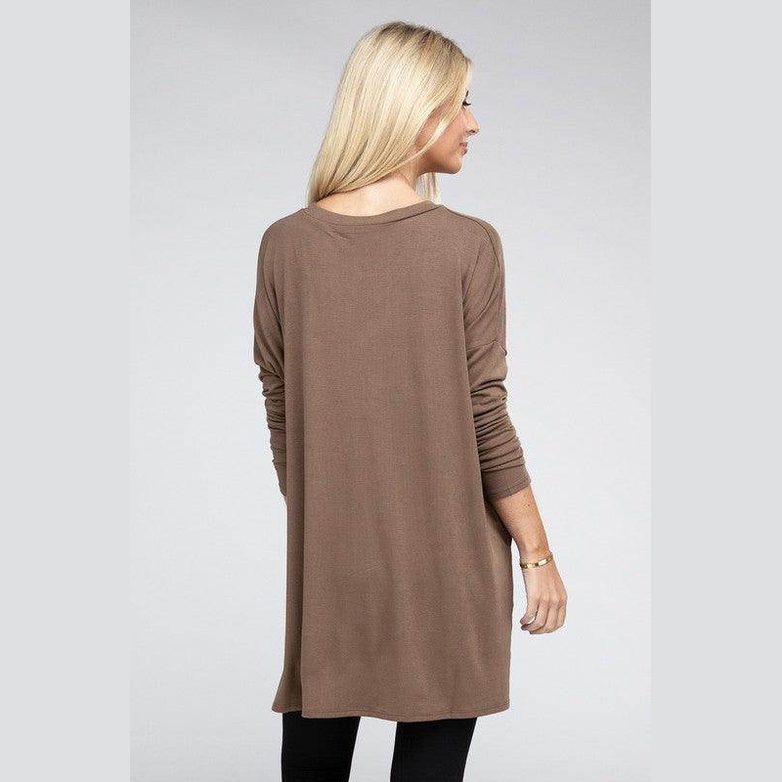 Dolman Long Sleeve V-Neck Side Slit Hi-Low Hem Top - VacationGrabs
