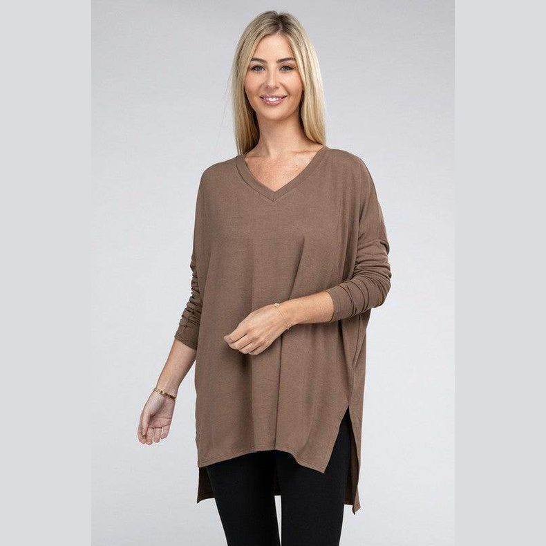 Dolman Long Sleeve V-Neck Side Slit Hi-Low Hem Top - VacationGrabs