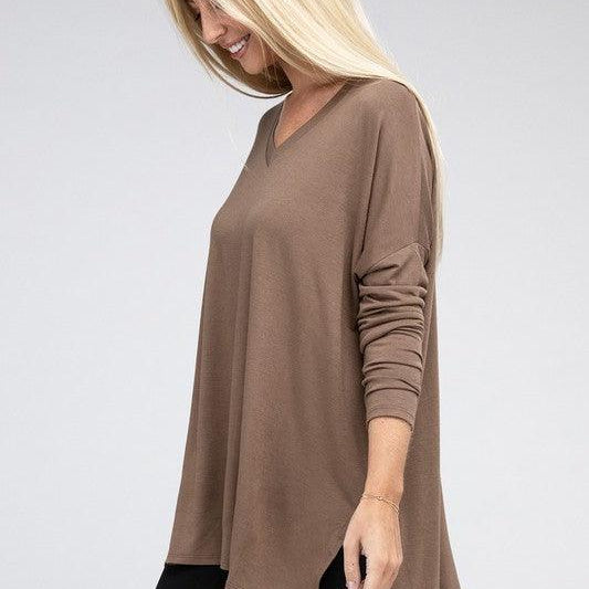 Women's Shirts Dolman Long Sleeve V-Neck Side Slit Hi-Low Hem Top