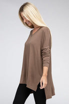 Women's Shirts Dolman Long Sleeve V-Neck Side Slit Hi-Low Hem Top