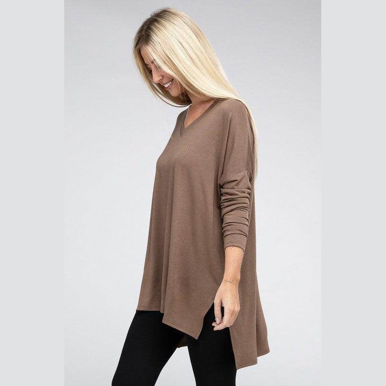 Dolman Long Sleeve V-Neck Side Slit Hi-Low Hem Top - VacationGrabs