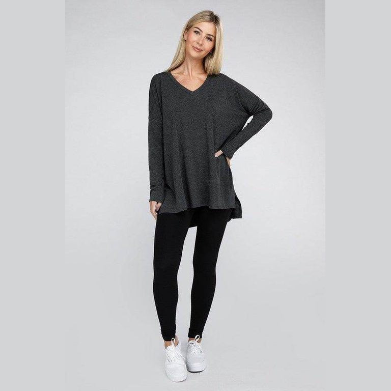 Dolman Long Sleeve V-Neck Side Slit Hi-Low Hem Top - VacationGrabs