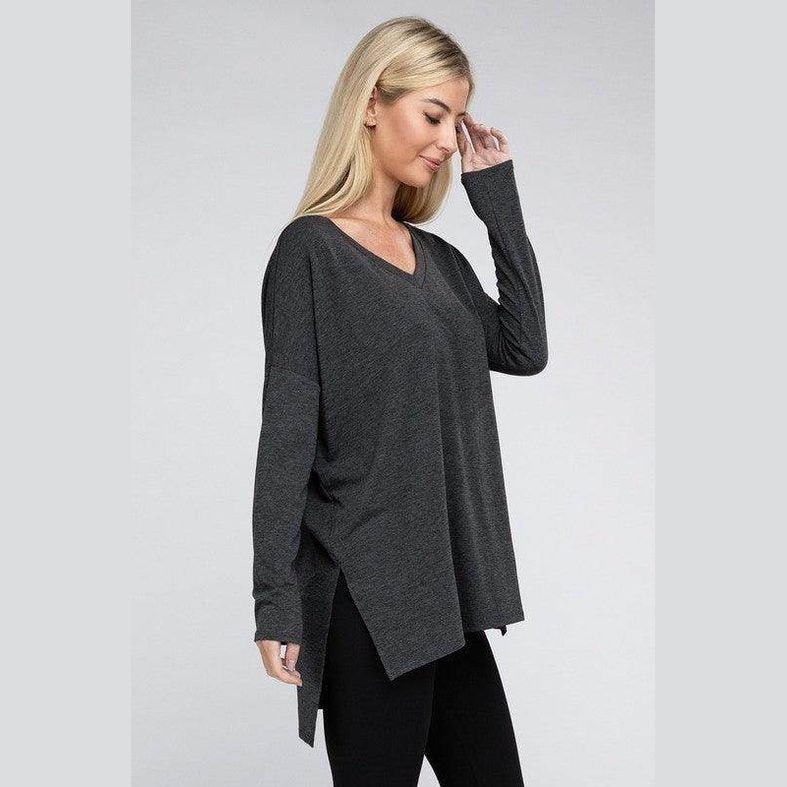 Dolman Long Sleeve V-Neck Side Slit Hi-Low Hem Top - VacationGrabs