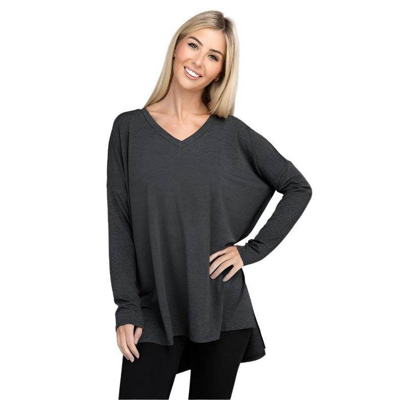 Dolman Long Sleeve V-Neck Side Slit Hi-Low Hem Top - VacationGrabs