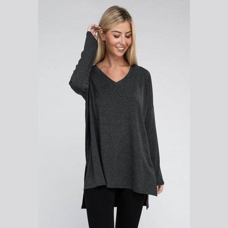 Dolman Long Sleeve V-Neck Side Slit Hi-Low Hem Top - VacationGrabs