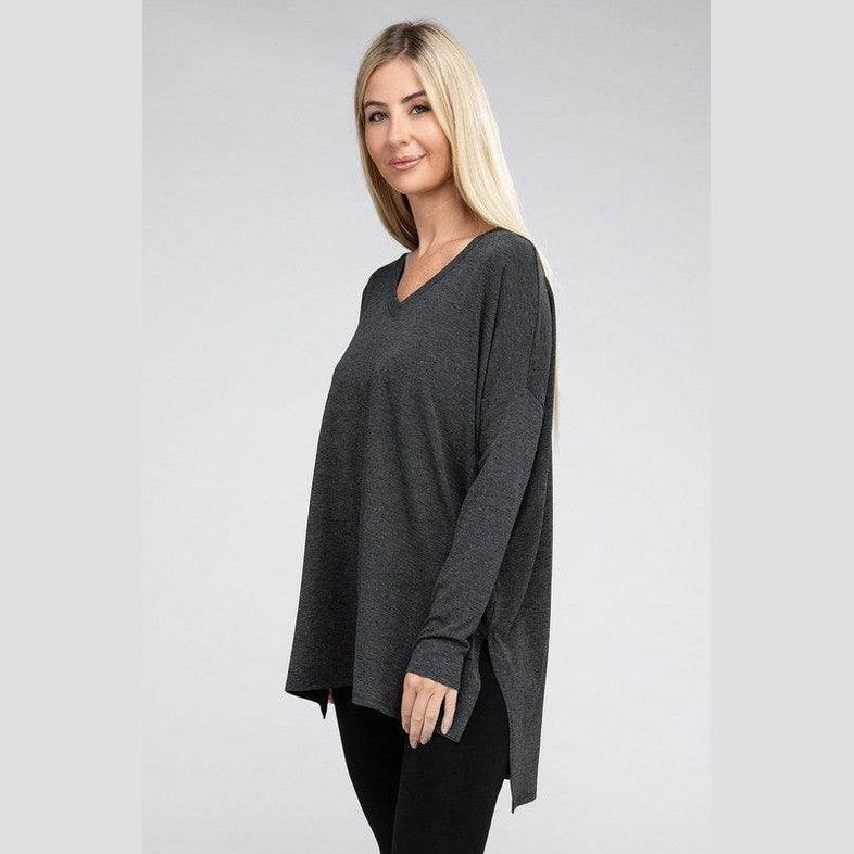 Dolman Long Sleeve V-Neck Side Slit Hi-Low Hem Top - VacationGrabs