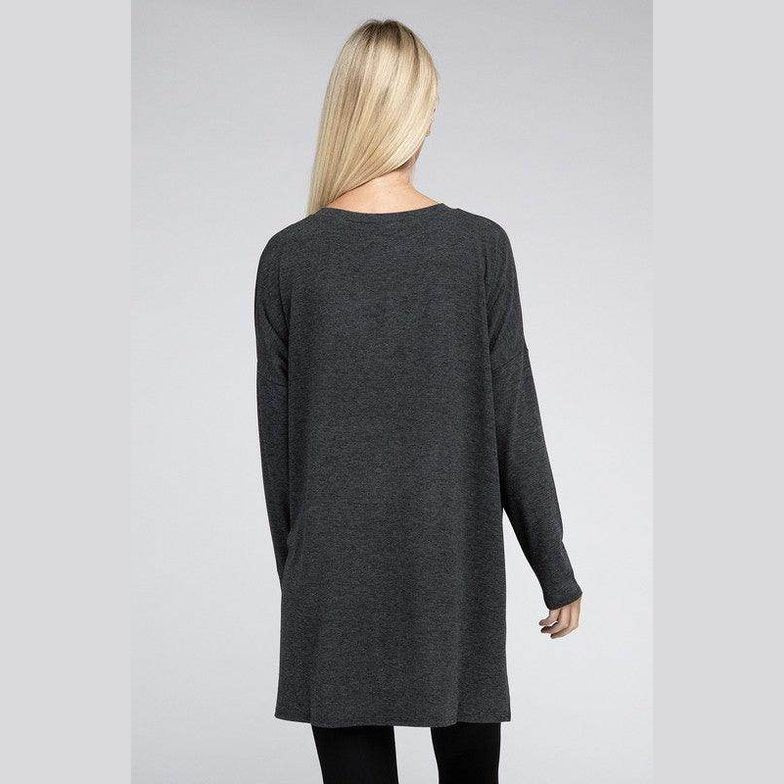 Dolman Long Sleeve V-Neck Side Slit Hi-Low Hem Top - VacationGrabs
