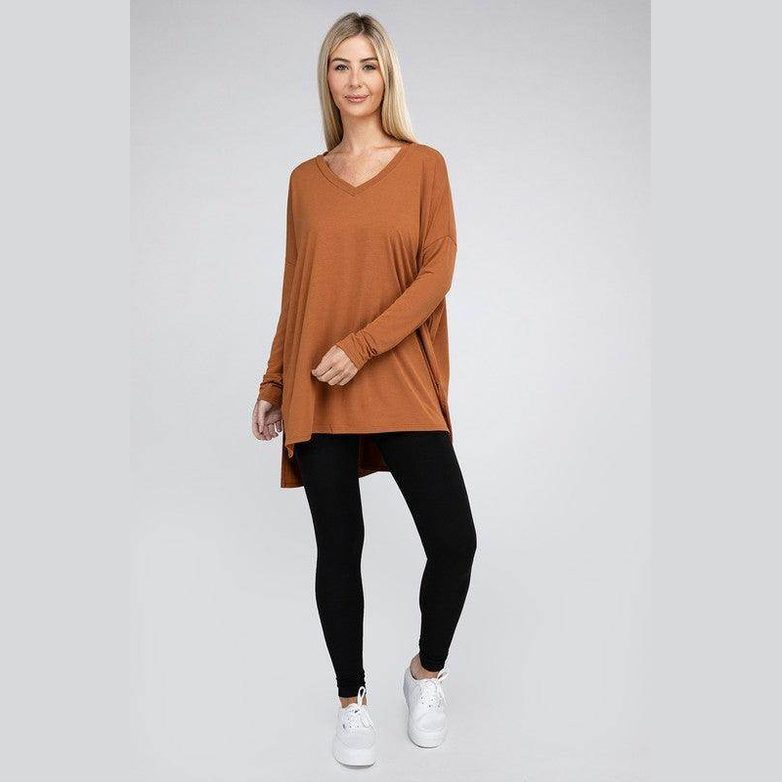 Dolman Long Sleeve V-Neck Side Slit Hi-Low Hem Top - VacationGrabs
