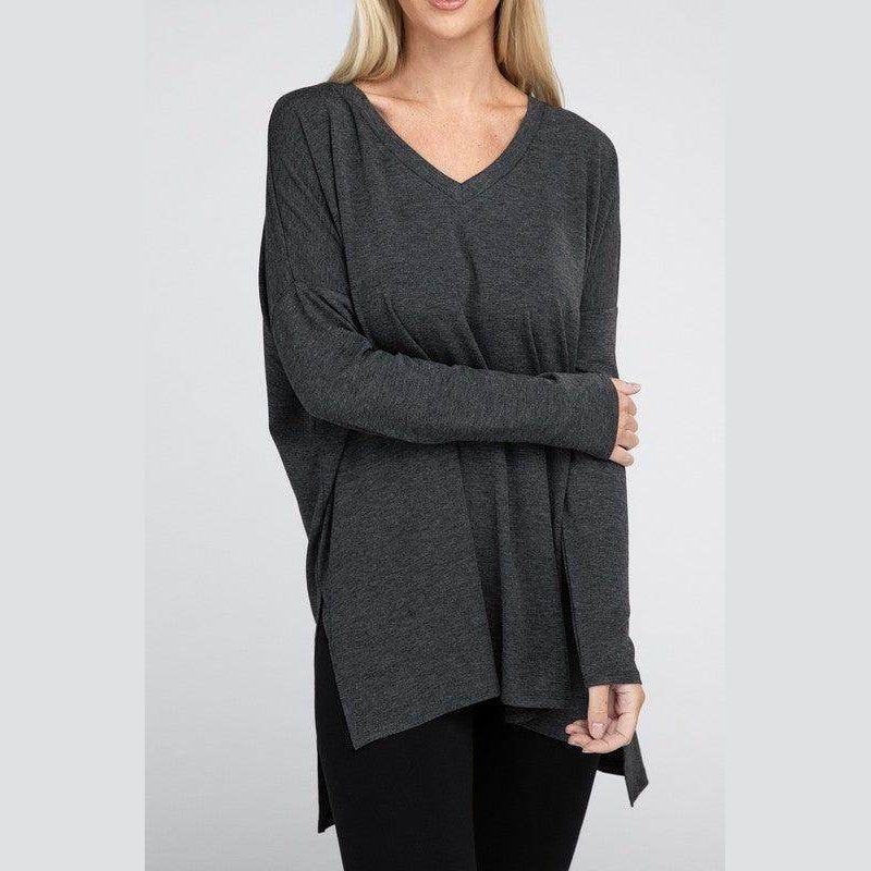 Dolman Long Sleeve V-Neck Side Slit Hi-Low Hem Top - VacationGrabs