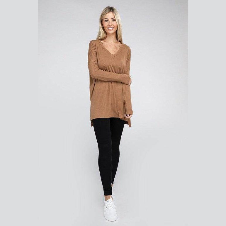 Dolman Long Sleeve V-Neck Side Slit Hi-Low Hem Top - VacationGrabs
