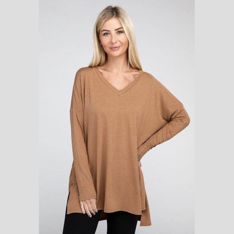 Dolman Long Sleeve V-Neck Side Slit Hi-Low Hem Top - VacationGrabs