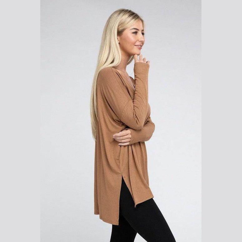 Dolman Long Sleeve V-Neck Side Slit Hi-Low Hem Top - VacationGrabs