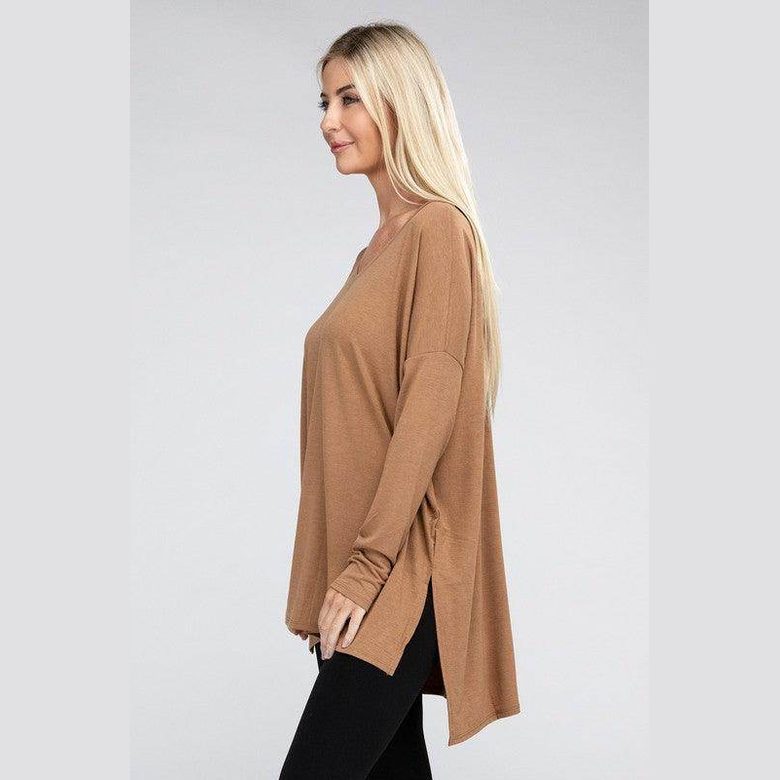 Dolman Long Sleeve V-Neck Side Slit Hi-Low Hem Top - VacationGrabs