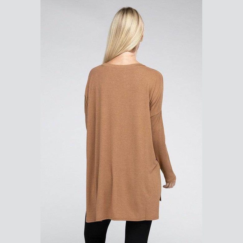 Dolman Long Sleeve V-Neck Side Slit Hi-Low Hem Top - VacationGrabs
