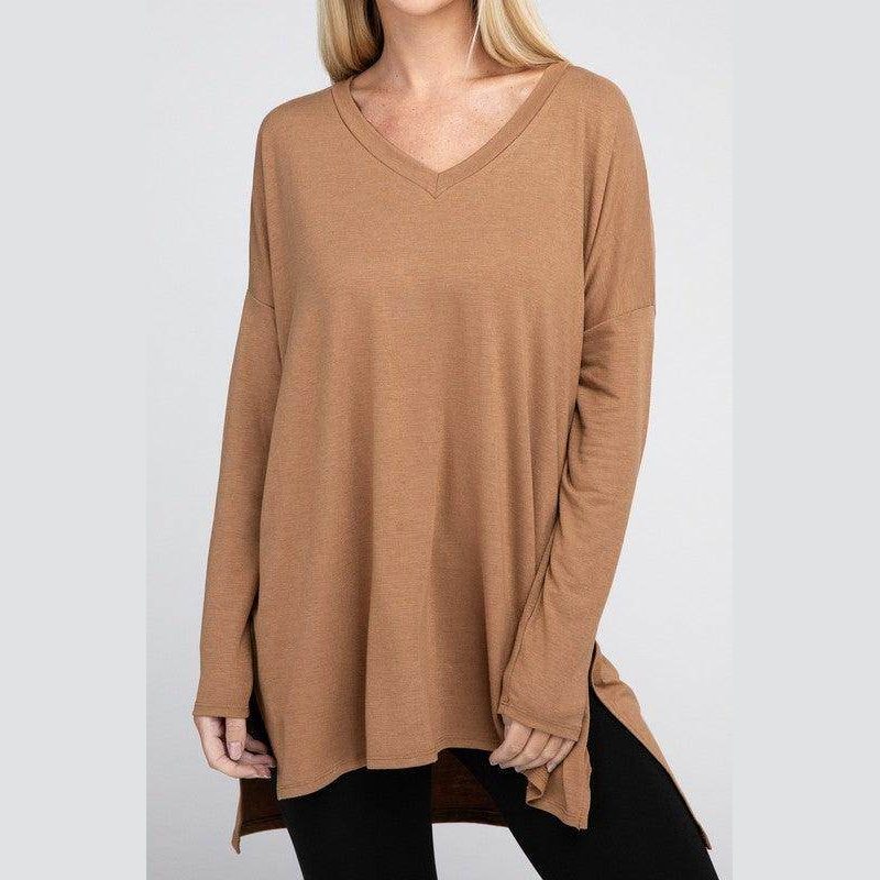 Dolman Long Sleeve V-Neck Side Slit Hi-Low Hem Top - VacationGrabs