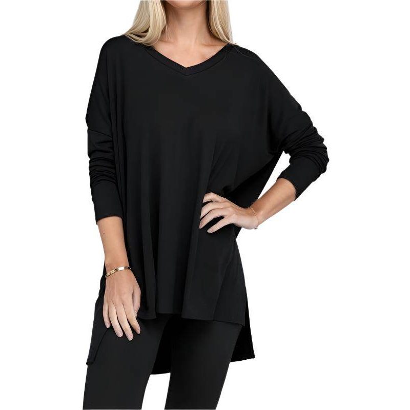 Dolman Long Sleeve V-Neck Side Slit Hi-Low Hem Top - VacationGrabs