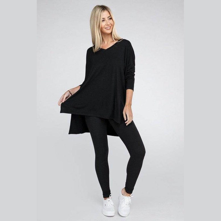 Dolman Long Sleeve V-Neck Side Slit Hi-Low Hem Top - VacationGrabs