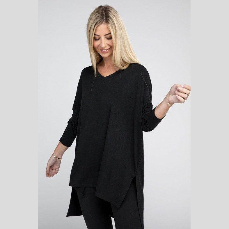 Dolman Long Sleeve V-Neck Side Slit Hi-Low Hem Top - VacationGrabs
