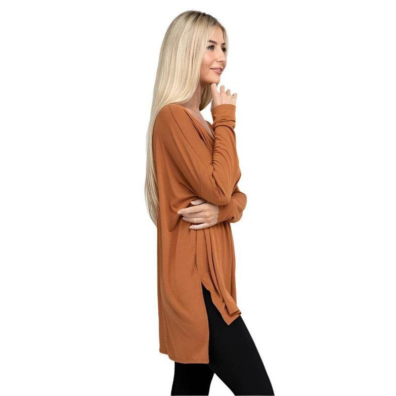 Dolman Long Sleeve V-Neck Side Slit Hi-Low Hem Top - VacationGrabs