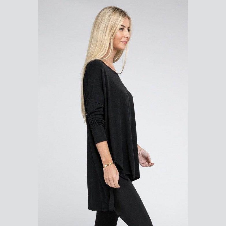 Dolman Long Sleeve V-Neck Side Slit Hi-Low Hem Top - VacationGrabs