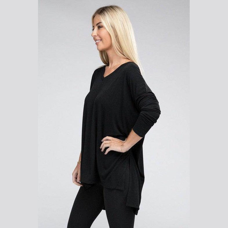 Dolman Long Sleeve V-Neck Side Slit Hi-Low Hem Top - VacationGrabs
