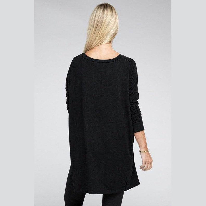 Dolman Long Sleeve V-Neck Side Slit Hi-Low Hem Top - VacationGrabs