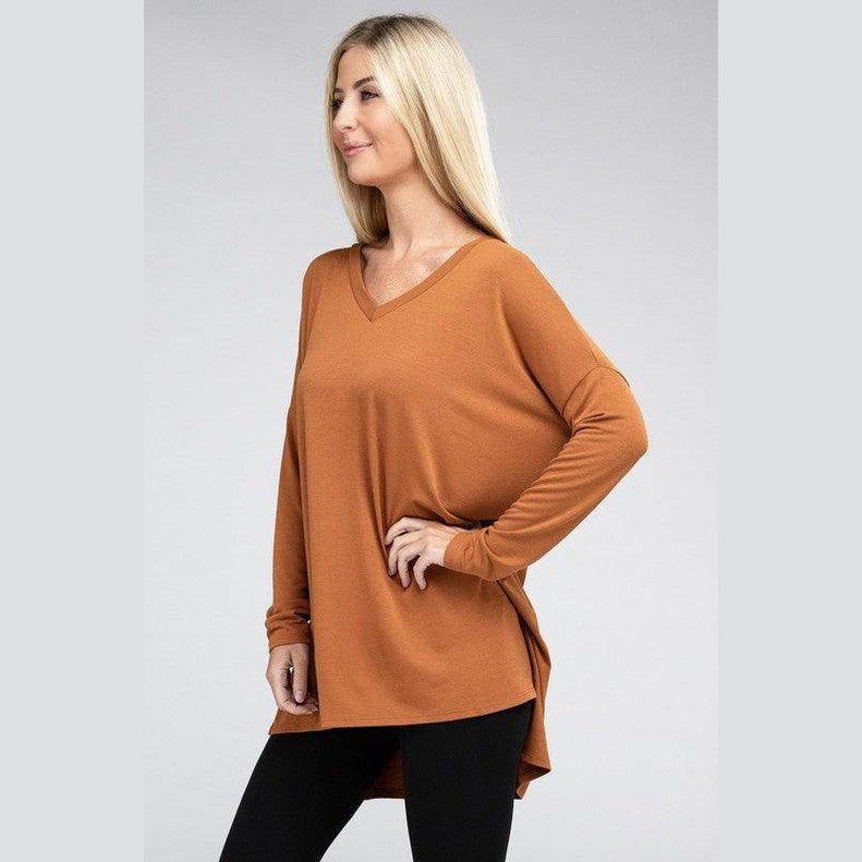 Dolman Long Sleeve V-Neck Side Slit Hi-Low Hem Top - VacationGrabs