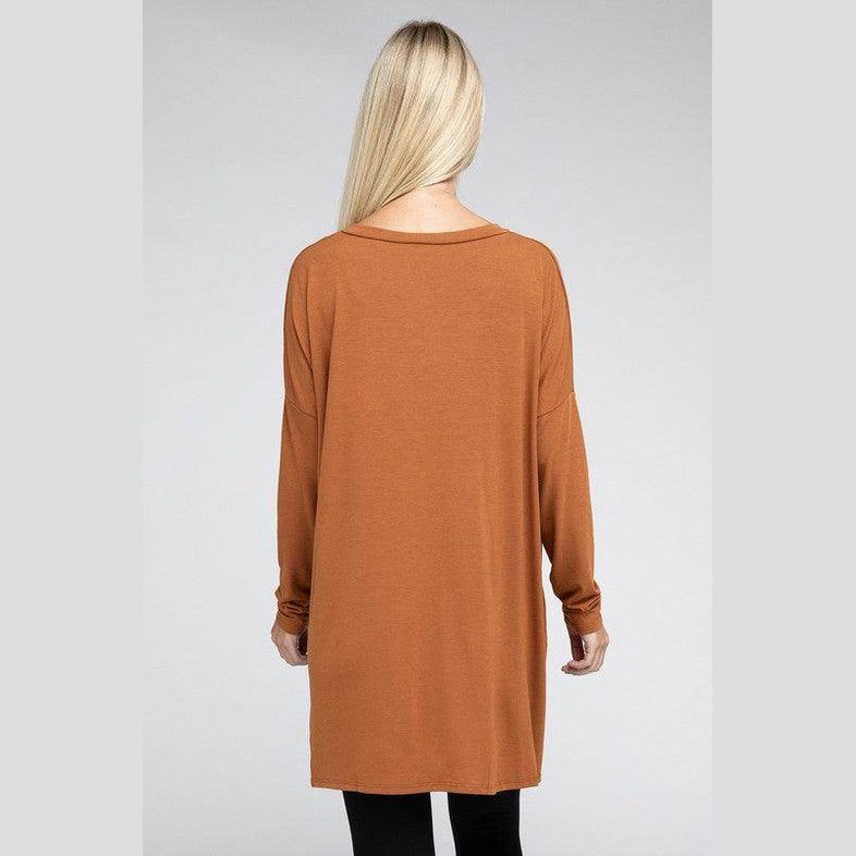 Dolman Long Sleeve V-Neck Side Slit Hi-Low Hem Top - VacationGrabs