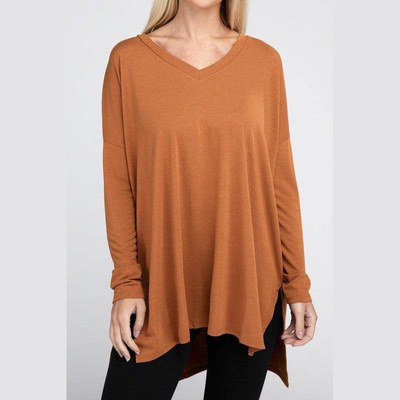 Dolman Long Sleeve V-Neck Side Slit Hi-Low Hem Top - VacationGrabs