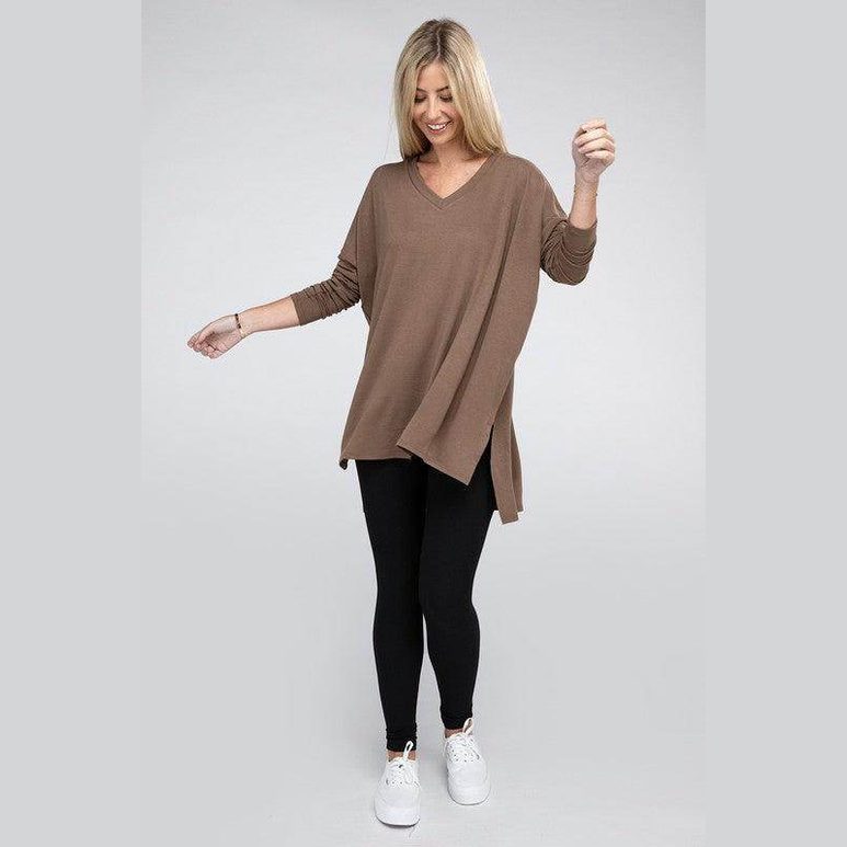 Dolman Long Sleeve V-Neck Side Slit Hi-Low Hem Top - VacationGrabs