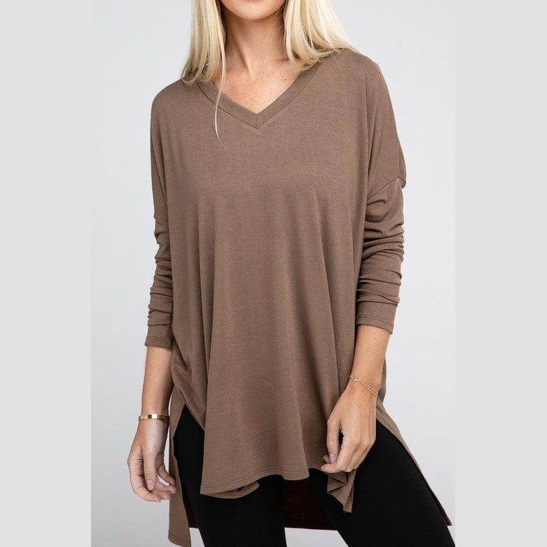 Dolman Long Sleeve V-Neck Side Slit Hi-Low Hem Top - VacationGrabs