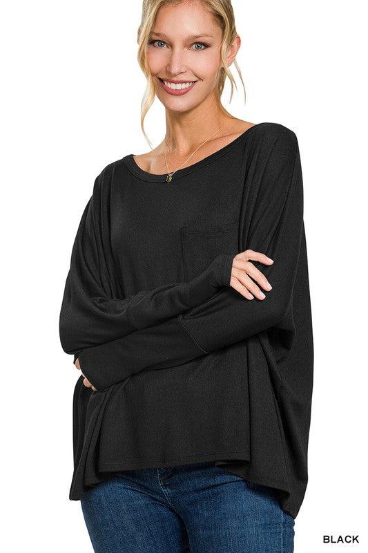  Dolman Sleeve Round Neck Top with Front Pocket